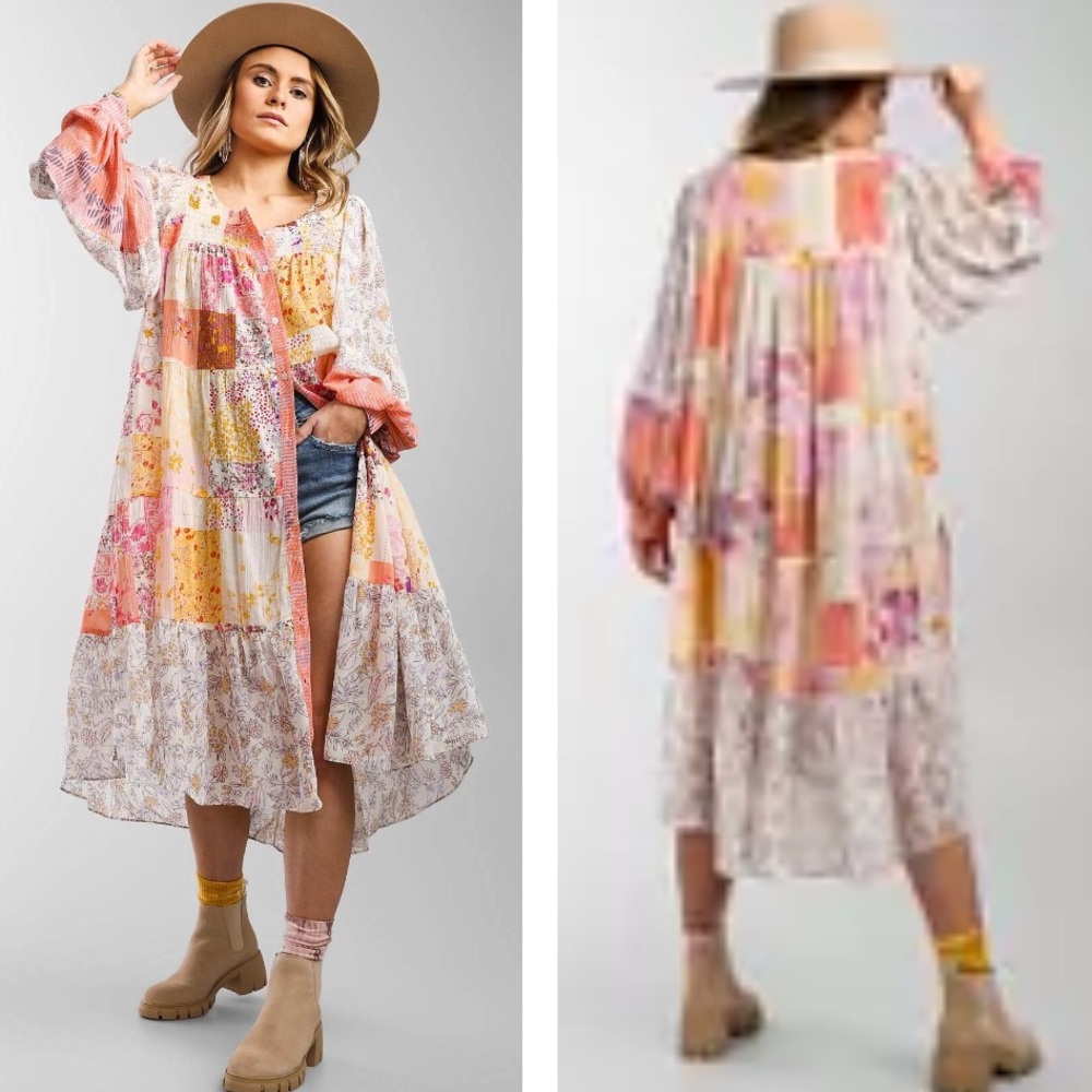 NWT Free People California Soul Midi Dress/Duster Mixed Floral Patchwork SZ XS